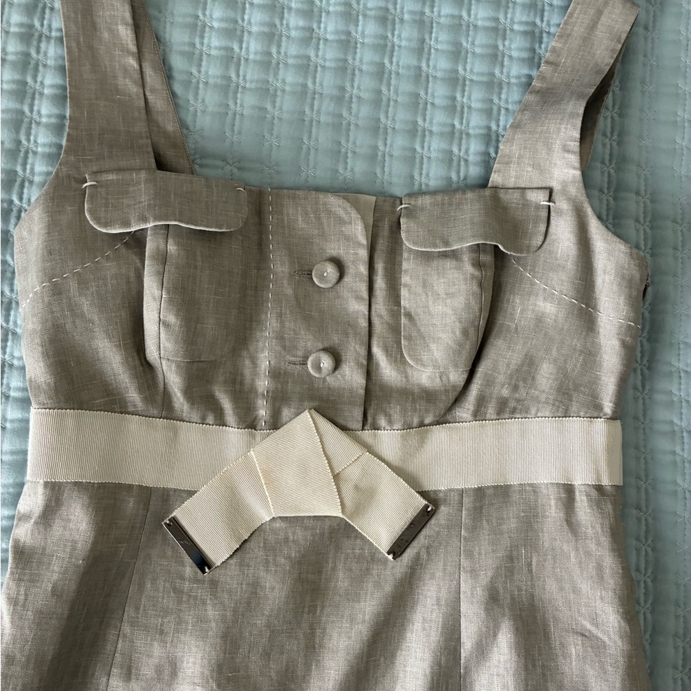 Paule Ka Paris Beige Linen Belted Sheath Dress Square Neck Bow Detail Rare